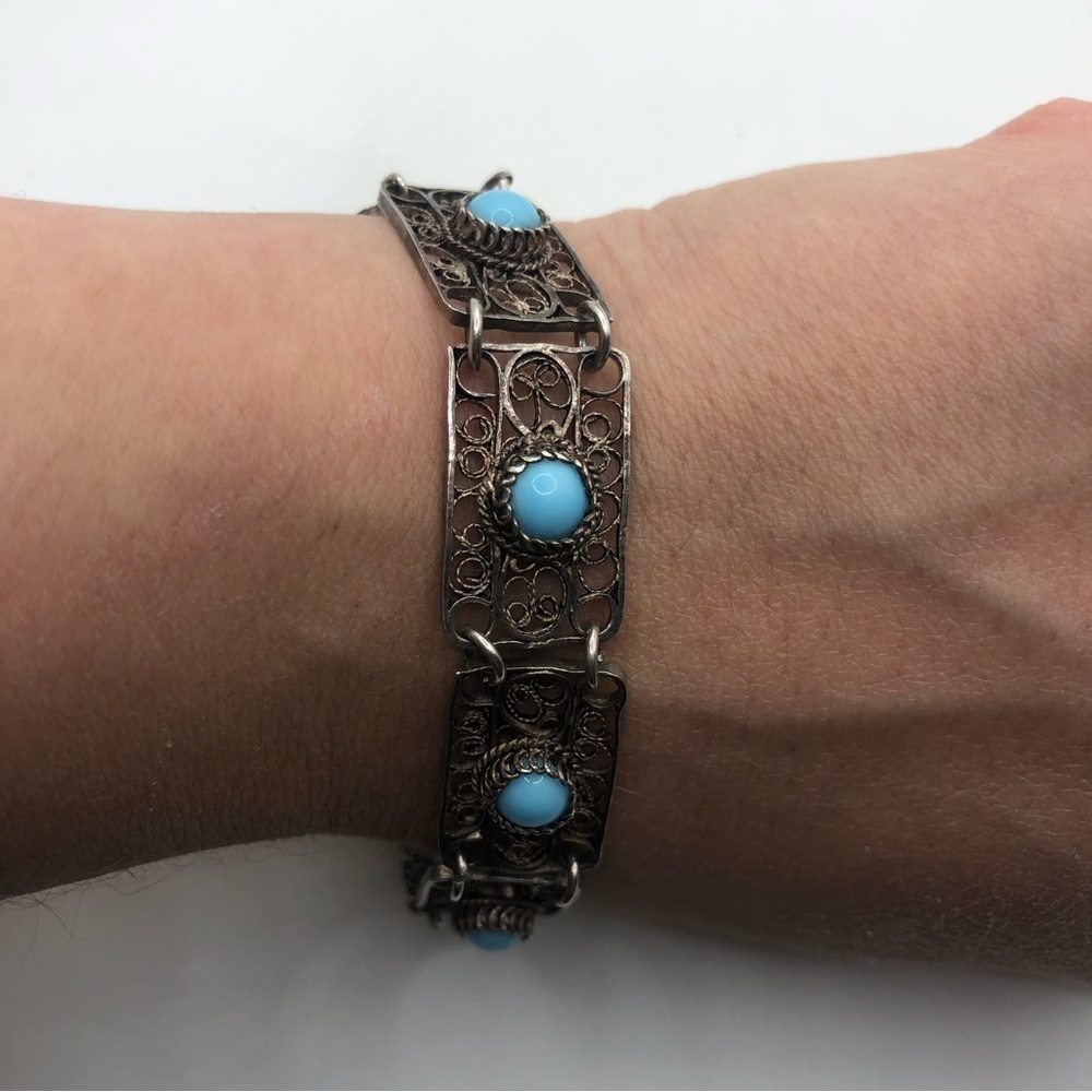 Vtg Sterling Turquoise Cabochon Filigree Panel Link Bracelet 8” - Picture 4 of 8